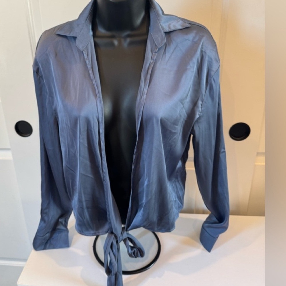 MARBLE Navy Satin Button-Down Shirt - Preloved